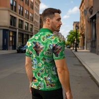 Hawaii Map with Plumeria Flower and Palaka Pattern Zipper Polo Shirt Tropical Island Green Design