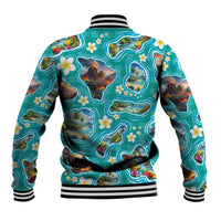 Hawaii Map with Plumeria Flower and Palaka Pattern Baseball Jacket Tropical Island Teal Design