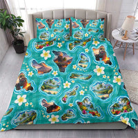 Hawaii Map with Plumeria Flower and Palaka Pattern Bedding Set Tropical Island Teal Design