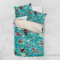 Hawaii Map with Plumeria Flower and Palaka Pattern Bedding Set Tropical Island Teal Design
