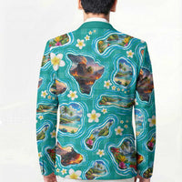 Hawaii Map with Plumeria Flower and Palaka Pattern Blazer Tropical Island Teal Design