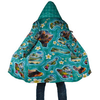 Hawaii Map with Plumeria Flower and Palaka Pattern Cloak Tropical Island Teal Design