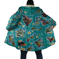 Hawaii Map with Plumeria Flower and Palaka Pattern Cloak Tropical Island Teal Design