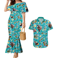 Hawaii Map with Plumeria Flower and Palaka Pattern Couples Matching Mermaid Dress and Hawaiian Shirt Tropical Island Teal Design