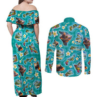 Hawaii Map with Plumeria Flower and Palaka Pattern Couples Matching Off Shoulder Maxi Dress and Long Sleeve Button Shirt Tropical Island Teal Design