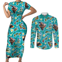 Hawaii Map with Plumeria Flower and Palaka Pattern Couples Matching Short Sleeve Bodycon Dress and Long Sleeve Button Shirt Tropical Island Teal Design