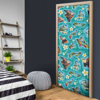 Hawaii Map with Plumeria Flower and Palaka Pattern Door Cover Tropical Island Teal Design