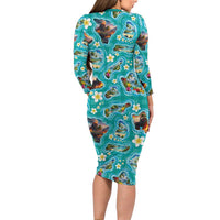 Hawaii Map with Plumeria Flower and Palaka Pattern Family Matching Long Sleeve Bodycon Dress and Hawaiian Shirt Tropical Island Teal Design LT03 - Polynesian Pride