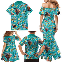 Hawaii Map with Plumeria Flower and Palaka Pattern Family Matching Mermaid Dress and Hawaiian Shirt Tropical Island Teal Design LT03 - Polynesian Pride