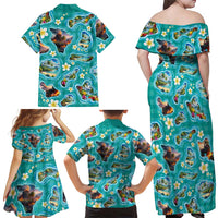 Hawaii Map with Plumeria Flower and Palaka Pattern Family Matching Off Shoulder Maxi Dress and Hawaiian Shirt Tropical Island Teal Design LT03 - Polynesian Pride