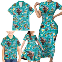 Hawaii Map with Plumeria Flower and Palaka Pattern Family Matching Short Sleeve Bodycon Dress and Hawaiian Shirt Tropical Island Teal Design LT03 - Polynesian Pride