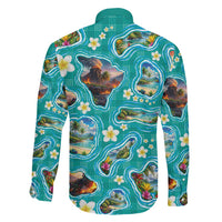 Hawaii Map with Plumeria Flower and Palaka Pattern Family Matching Summer Maxi Dress and Hawaiian Shirt Tropical Island Teal Design LT03 - Polynesian Pride