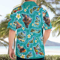 Hawaii Map with Plumeria Flower and Palaka Pattern Hawaiian Shirt Tropical Island Teal Design
