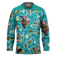 Hawaii Map with Plumeria Flower and Palaka Pattern Hockey Jersey Tropical Island Teal Design