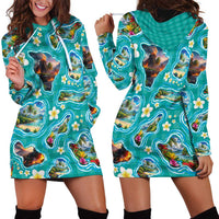 Hawaii Map with Plumeria Flower and Palaka Pattern Hoodie Dress Tropical Island Teal Design