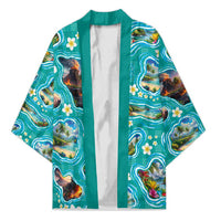 Hawaii Map with Plumeria Flower and Palaka Pattern Kimono Tropical Island Teal Design
