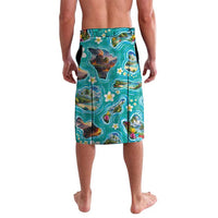 Hawaii Map with Plumeria Flower and Palaka Pattern Lavalava Tropical Island Teal Design