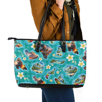 Hawaii Map with Plumeria Flower and Palaka Pattern Leather Tote Bag Tropical Island Teal Design