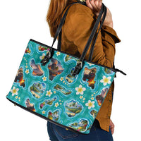Hawaii Map with Plumeria Flower and Palaka Pattern Leather Tote Bag Tropical Island Teal Design