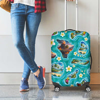 Hawaii Map with Plumeria Flower and Palaka Pattern Luggage Cover Tropical Island Teal Design