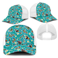 Hawaii Map with Plumeria Flower and Palaka Pattern Mesh Trucker Cap Tropical Island Teal Design