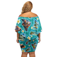 Hawaii Map with Plumeria Flower and Palaka Pattern Off Shoulder Short Dress Tropical Island Teal Design