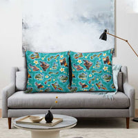 Hawaii Map with Plumeria Flower and Palaka Pattern Pillow Cover Tropical Island Teal Design