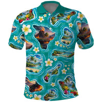 Hawaii Map with Plumeria Flower and Palaka Pattern Polo Shirt Tropical Island Teal Design