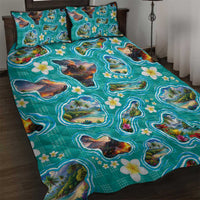 Hawaii Map with Plumeria Flower and Palaka Pattern Quilt Bed Set Tropical Island Teal Design
