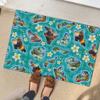 Hawaii Map with Plumeria Flower and Palaka Pattern Rubber Doormat Tropical Island Teal Design