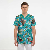 Hawaii Map with Plumeria Flower and Palaka Pattern Scrub Top Tropical Island Teal Design