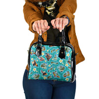 Hawaii Map with Plumeria Flower and Palaka Pattern Shoulder Handbag Tropical Island Teal Design