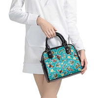 Hawaii Map with Plumeria Flower and Palaka Pattern Shoulder Handbag Tropical Island Teal Design