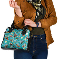 Hawaii Map with Plumeria Flower and Palaka Pattern Shoulder Handbag Tropical Island Teal Design