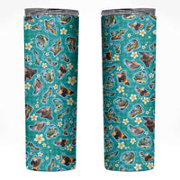 Hawaii Map with Plumeria Flower and Palaka Pattern Skinny Tumbler Tropical Island Teal Design