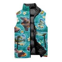 Hawaii Map with Plumeria Flower and Palaka Pattern Sleeveless Puffer Jacket Tropical Island Teal Design