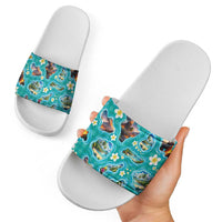 Hawaii Map with Plumeria Flower and Palaka Pattern Slide Sandals Tropical Island Teal Design