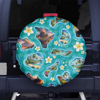 Hawaii Map with Plumeria Flower and Palaka Pattern Spare Tire Cover Tropical Island Teal Design