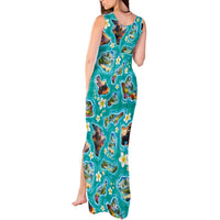 Hawaii Map with Plumeria Flower and Palaka Pattern Tank Maxi Dress Tropical Island Teal Design