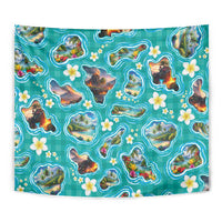 Hawaii Map with Plumeria Flower and Palaka Pattern Tapestry Tropical Island Teal Design