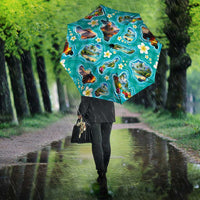 Hawaii Map with Plumeria Flower and Palaka Pattern Umbrella Tropical Island Teal Design