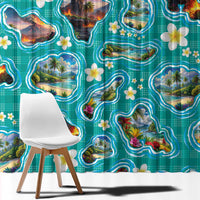 Hawaii Map with Plumeria Flower and Palaka Pattern Window Curtain Tropical Island Teal Design