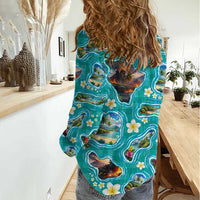 Hawaii Map with Plumeria Flower and Palaka Pattern Women Casual Shirt Tropical Island Teal Design