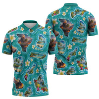 Hawaii Map with Plumeria Flower and Palaka Pattern Zipper Polo Shirt Tropical Island Teal Design