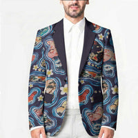 Hawaii Islands Map Design with Japanese Landscape Blazer Hawaiian Japan Fusion Art Navy Color