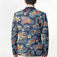 Hawaii Islands Map Design with Japanese Landscape Blazer Hawaiian Japan Fusion Art Navy Color
