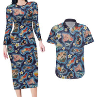 Hawaii Islands Map Design with Japanese Landscape Couples Matching Long Sleeve Bodycon Dress and Hawaiian Shirt Hawaiian Japan Fusion Art Navy Color LT03 Navy - Polynesian Pride