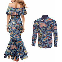 Hawaii Islands Map Design with Japanese Landscape Couples Matching Mermaid Dress and Long Sleeve Button Shirt Hawaiian Japan Fusion Art Navy Color LT03 - Polynesian Pride