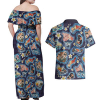 Hawaii Islands Map Design with Japanese Landscape Couples Matching Off Shoulder Maxi Dress and Hawaiian Shirt Hawaiian Japan Fusion Art Navy Color LT03 - Polynesian Pride