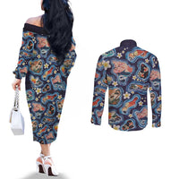 Hawaii Islands Map Design with Japanese Landscape Couples Matching Off The Shoulder Long Sleeve Dress and Long Sleeve Button Shirt Hawaiian Japan Fusion Art Navy Color LT03 - Polynesian Pride